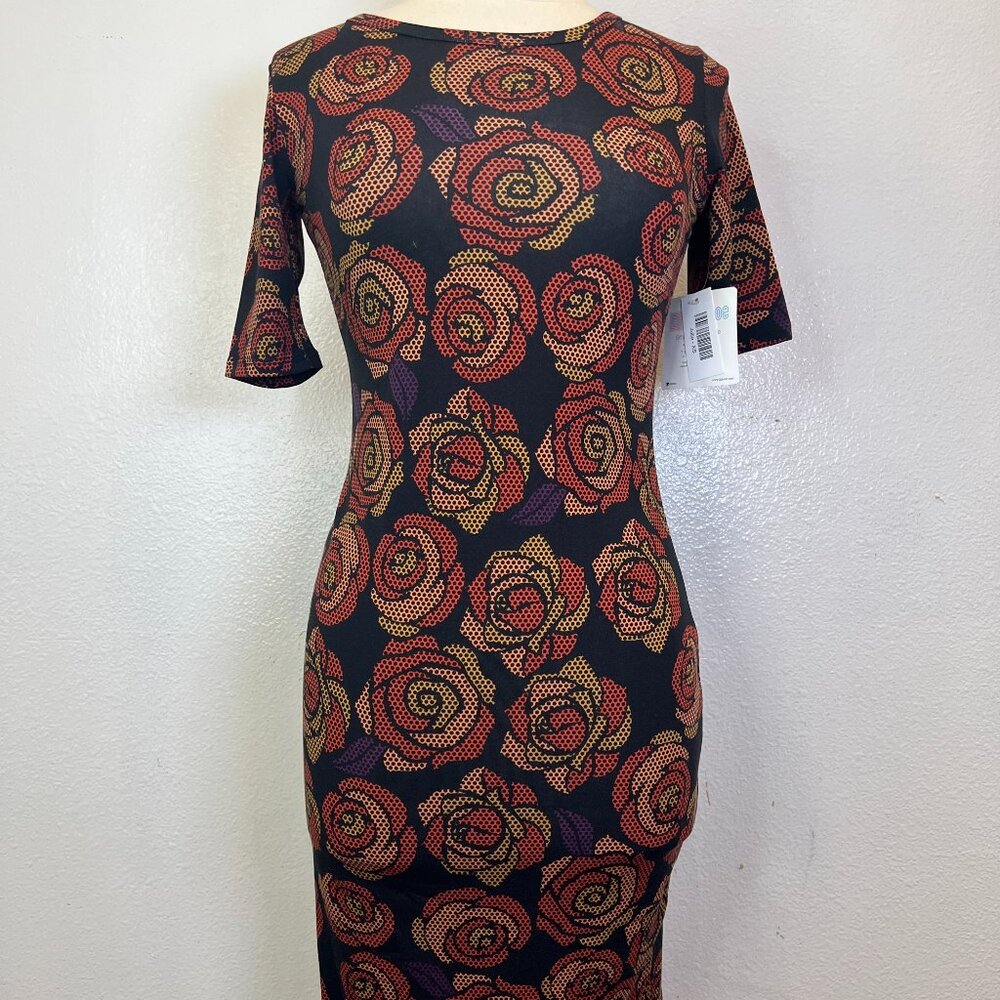 LuLaRoe Julia Floral Print Black Red Tan Dress Size XS